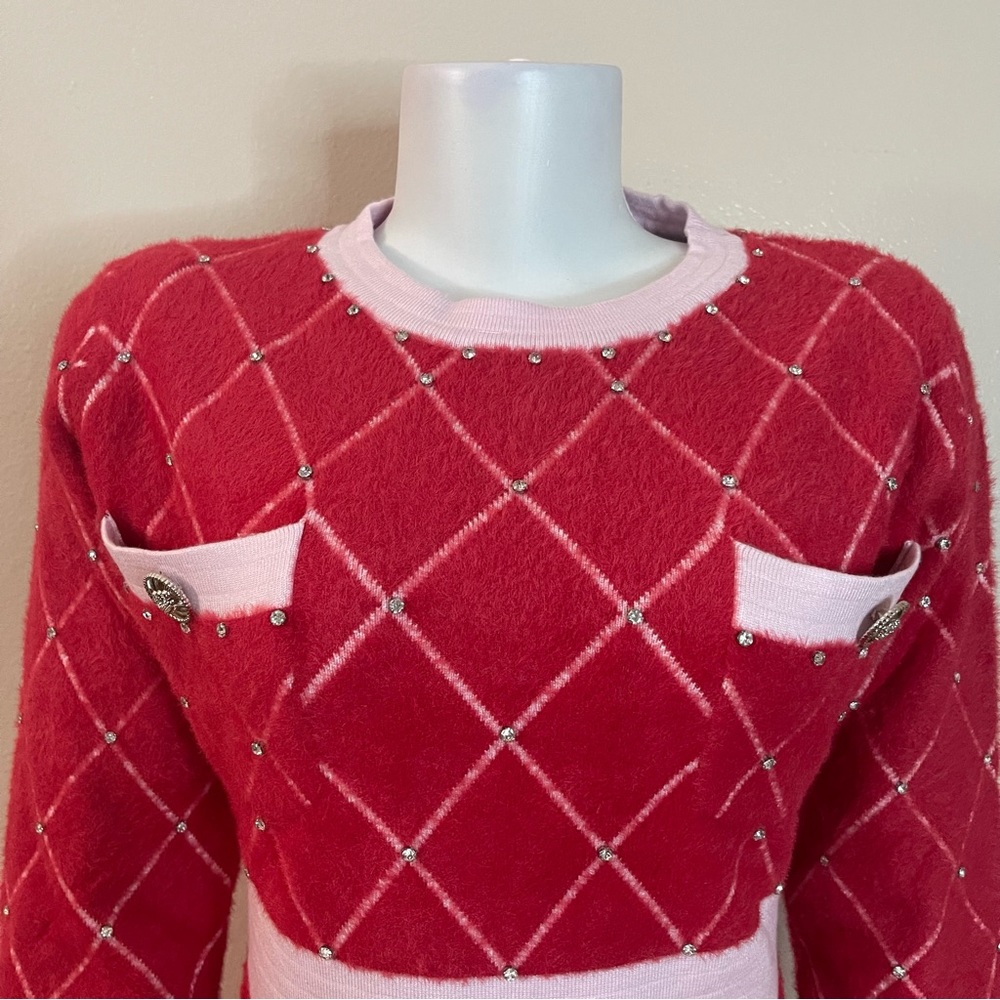Red pink fuzzy sweater mini dress diamond pattern rhinestones details & pockets - Picture 4 of 10